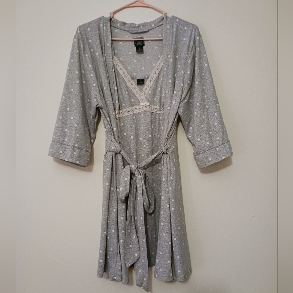 Laura Ashley Lingerie Sleepwear Set Gray Polka Dot Women's Robe And Nightgown